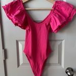 ZARA  Women’s Hot Pink Ribbed knit Poplin Ruffle Bodysuit Size Small Photo 2