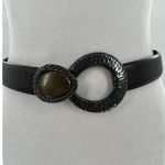 Chico's  Belt Adjustable Brown Leather Hook Silver Gold Tone Big Buckle Statement Photo 0