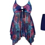 #0030 Chama Plus Size V Neck Swimsuit Sexy Mesh Tankini with Boyshorts Blue Photo 5