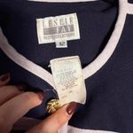 Leslie Fay  size 12 navy blue and white 80s vintage mod blouse with gold buttons Photo 3