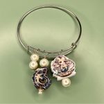 Handmade Mermaidcore Silver Tone Charm Bangle Bracelet with Faux Pearls Photo 2