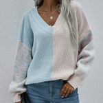 V Neck Leopard Color Block Patchwork Oversized Sweater Pink Blue Small Photo 0