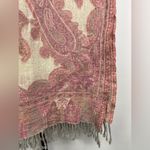 Mala Alisha Pink Cream Paisley Batik Print 100% Pure Wool Scarf with Gray Fringe Photo 2