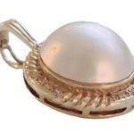 14K 585 Real Pearl Yellow Gold Round w Diamond Frame Pendant White Photo 4