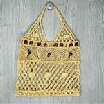 Vintage 70s macrame wood beaded market bag purse beach bag rope floral Brown Photo 0