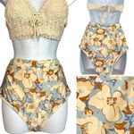 MINKPINK High Waisted Bikini Bottom MEDIUM Floral Tan Blue Cheeky Lumi NEW Photo 3