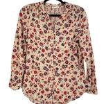 Beach Lunch Lounge Tan & Red Floral Blouse Womens M Smocked Boho Long Sleeve Photo 0