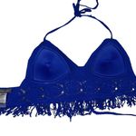 Sans Souci NWOT Blue Crochet Boho Festival Hippie Cropped Fringe Halter Top sz Small Photo 2