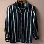 Vintage Hunter Green|Cream|Navy Striped Satin Button Down Blouse GUC Size S Photo 0