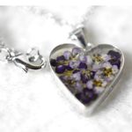 Mexico ATI Silver Elegant Blown Glass Encased Dry Floral Bouquet Heart Necklace Photo 2