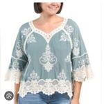 Democracy Women's Embroidered Boho Peasant Top Size M Teal Blue Lace Crochet NWT Photo 0