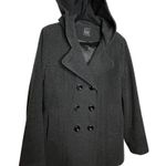 Braetan WOOL BLEND Women Large Charcoal Grey Double Breasted Hooded Pea Coat Gray Photo 0