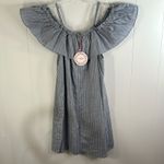 Umgee Women’s Off The Shoulder Mini Dress Size M Raw Hem Blue/white Striped NWT Photo 5