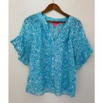 Lilly Pulitzer  Tayla Resort White Took Me By Sunrise Linen Top Blue Ruffle EUC M Photo 0