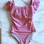 Michael Kors  Pink Ruffle Swimsuit Built in Shelf Bra Padded Cups Off Shoulder 6 Photo 0