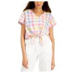 Charter Club  Top Women’s Checkered Plaid Luxury Linen Front Tie size Medium Photo 7