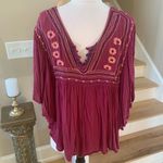 Japna  Flowy Top Hippie Boho Shirt Maroon Embroidered Womens M Batwing Dohlman Photo 3
