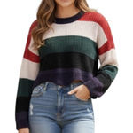 Luv Lane  Sweater Womens Medium Multicolor Striped Cropped Chunky Knit Crewneck Photo 0