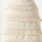 HD in Paris Anthropologie  Ivory Linen Tiered Fringe Eyelet Lace Boho Skirt Sz 12 Photo 2