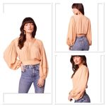 BOG Band of the Free Brie Light Camel Long Sleeve Top Lace Insets V Neck Medium Photo 1