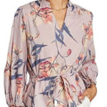 A New Day Lavender Floral Tie Waist Notch Neck Long Sleeve Blouse Shirt Top Sz S Photo 0