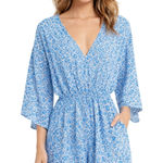 NWOT Pink Lily Women’s small Floral Blue Romper flowy 3/4 sleeves vneck spring Photo 0