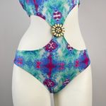 Elle NWT  1PC Swimsuit Multicolor Cubic Zirconia Floral Swimwear Size L Photo 3