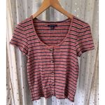 American Eagle  Ribbed Stripe Stretch Knit Scoop Neck Faux Button Down Top M Photo 1