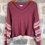 American Eagle Burgundy Striped Sleeve V Neck Cropped Sweater Woman's Small Red Photo 0