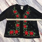 Vintage Christmas Beaded Black Cardigan with Red Floral Embroidery Size L Photo 6