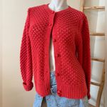 LL Bean Coral Red Cardigan Sweater Chunky Knit Button Up Lg Lagenlook Preppy Photo 1