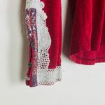 Rebecca Malone Vintage Y2K brick red long sleeve Henley style top lace and printed trim at cuff Photo 2