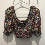 Urban Outfitters L Large Sara Smocked Cropped Top Black Floral Multi Color Boho Photo 0