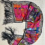 Laurel Burch Tribal Felines 100% Silk Scarf Black Fringe Cat Scarf Photo 2