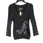 Soul Revival Y2K Waffle Knit Tee Large Black Floral Butterfly Embroidered Boho Photo 5