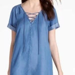 Lucky Brand  Chambray Blue Denim Dress Lace Up Short Sleeve V-Neck Large Photo 0