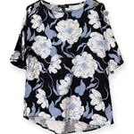 Ellen Tracy  women’s size small blue floral hi low linen blouse short bell sleeve Photo 0