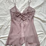 Victoria's Secret 100% Silk Slip Dress mini dress vest cami top with floral lace details and 2 bows to close.  Purple / Grey color Photo 0