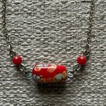 Silver bracelet red floral rectangle bead two small red beads and lobster claw Photo 2