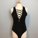 Urban Outfitters Glamorous Black Suede Lace Up V-Neck Bodysuit Photo 3