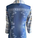 Daytrip -navy and tan flannel drape front top, long sleeves, semi sheer back, excellent condition, size small Photo 3