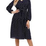 V Neck Loose Midi Long Sleeve Dress with Navy & White Polka Dots Plus Size Small Photo 3