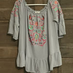 Umgee Boho Blouse Floral Embroidered Off Shoulder Ruffle Gray Sz M Peasant Top Photo 0