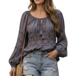 Free People  Shirt Womens XS Gray Boho Peasant Crochet Lace Tassel Long Sleeve Photo 0