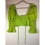 Urban Outfitters  Green Ribbed Puff Sleeve Tie Front Crop Top Size Medium Photo 3