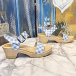 No.6 Two Strap Mid Heel Clog Powder Blue Gingham Leather 38 EUC Size 7 Photo 1