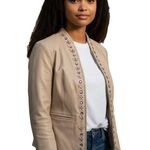 Pamela McCoy Collections Beaded Leather Jacket Tan Mandarin Collar Zip Front XS Photo 0