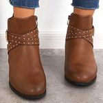 WANTED Glitz Low Ankle Boots Tan Vegan Leather Women's 6.5 Studs Buckle Western Brown Photo 1