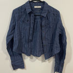 Natural Life  Ana Lace Button Down Crop Top S Navy Long Sleeve Cotton Linen Photo 0