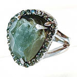 Sam Edelman NEW - Statement Cocktail Moss Agate Gemstone Silver Ring w Halo of Rhinestones Photo 0
